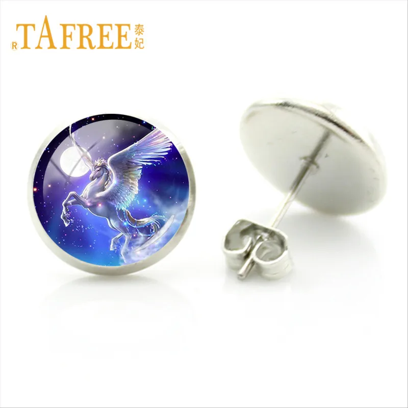 Круглые серьги гвоздики TAFREE с радужным конем и единорогом белые рожки животными