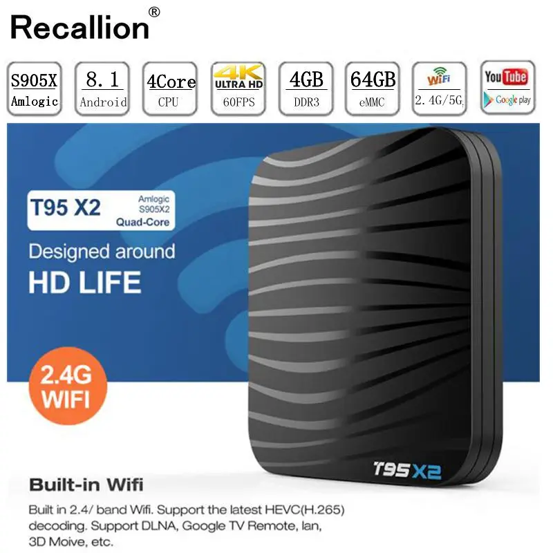 RECALLION T95X2 Smart tv BOX Android 8 1 4 ГБ 32 64 Гб Amlogic S905X2 четырехъядерный H.265 K Youtube медиаплеер