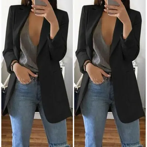 Горячая Женская с длинным рукавом Винтаж OL Slim Fit формальный Длинный блейзер сезон весна осень элегантный карман однотонный костюм куртка пальто повседневная верхняя одежда