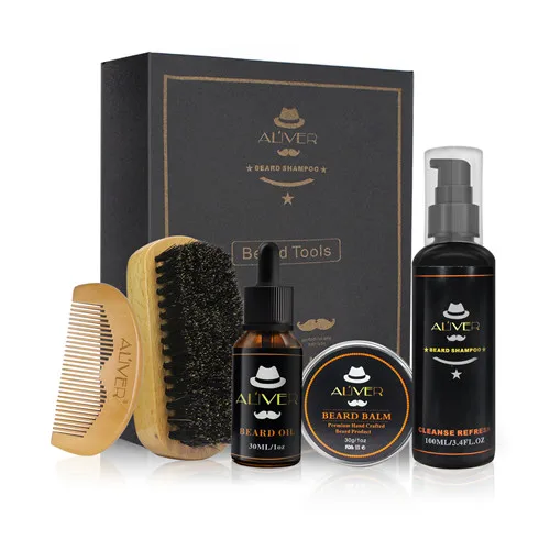 Beard Care Kit with Brush, Comb, Softening Oil Conditioner, Mustache Balm& Shampoo - Цвет: with gift box