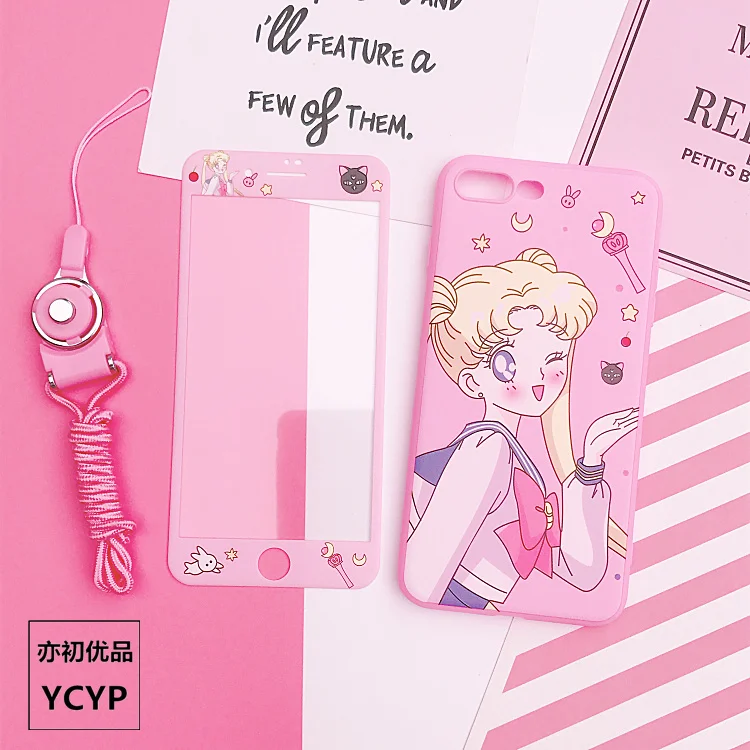 As shown Чехол для iphone XS Max Sailor Moon+ пленка для экрана из закаленного стекла, Чехол для карт Sakura для iphone X XR 6 6 S 7 plus 8 8 plus - Цвет: As shown