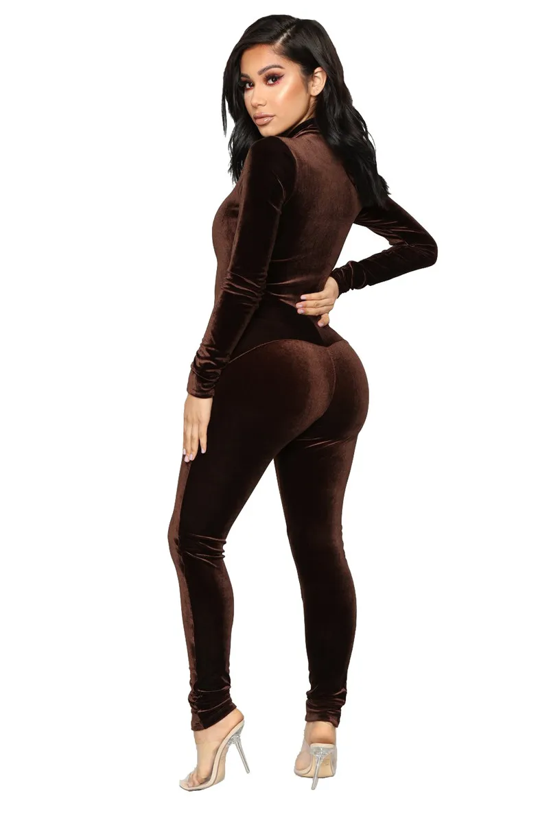 Женский бархатный комбинезон с длинным рукавом осенне-зимний на молнии спереди