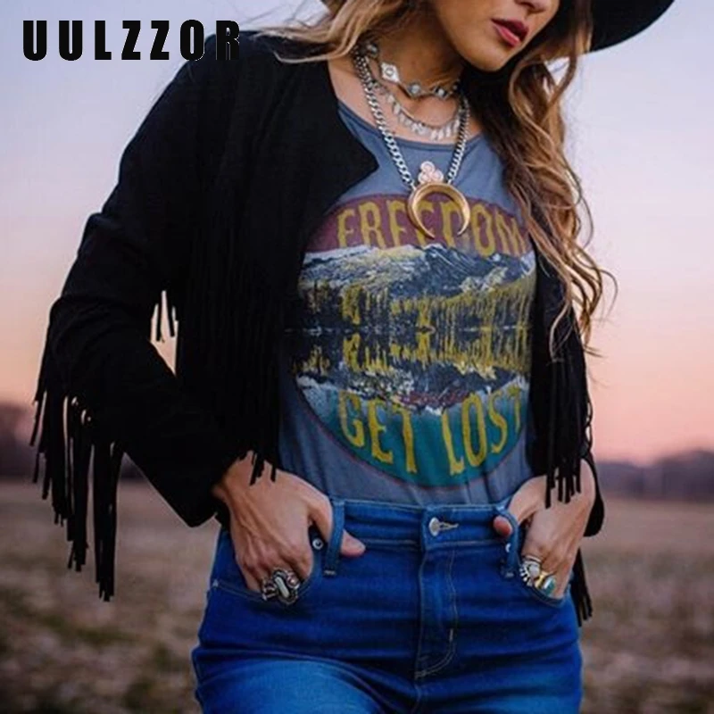 UULZZOR Boho свободная футболка с принтом Топ для женщин хлопок короткий рукав