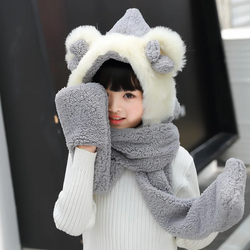 Cute Bear Children Hats with Ears Cartoon Plush Warm Girls Cap Long Hat Earmuff kid Scarf Gloves,Christmas Hats kids Scarves
