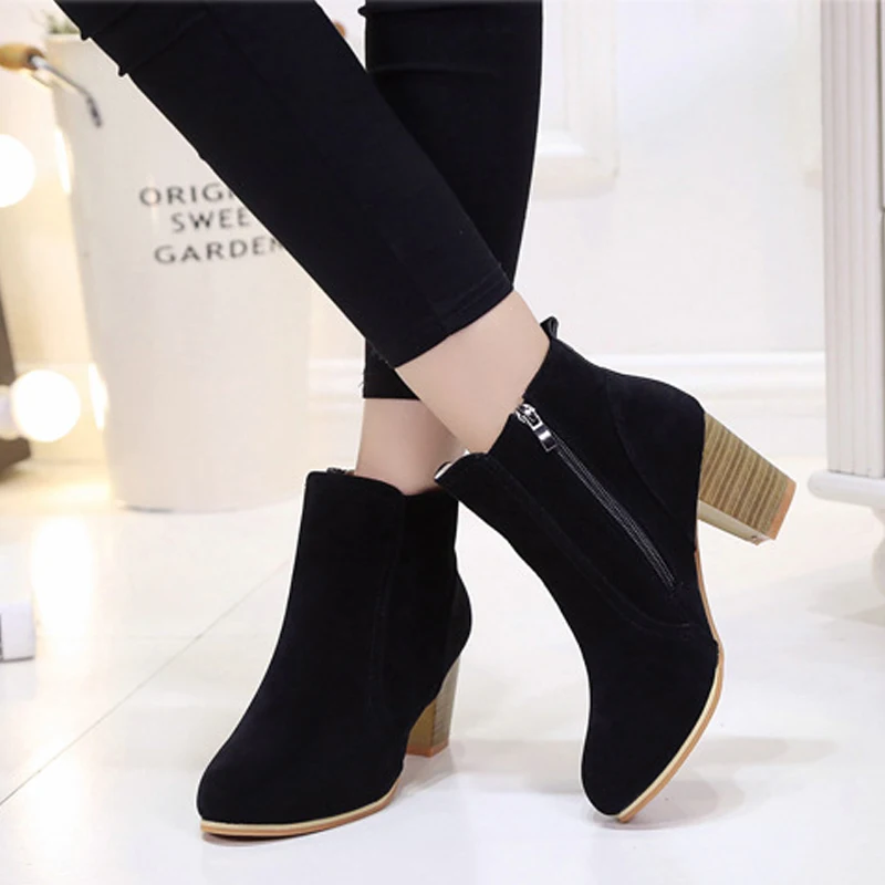 FONIRRA Women Ankle Boots Square High Heel for Woman Fashion Zip Black Autumn Winter Womens Shoes 231 | Обувь