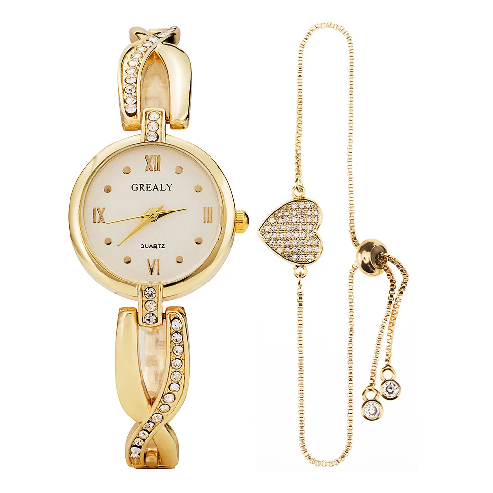 GREALY женские часы из сплава с милым браслет с кулоном сердце набор для подарка часы коробка топ горячий дизайнер дамы платье наручные часы