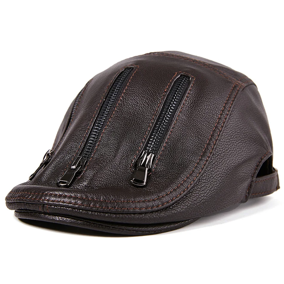 brown cap BUTTERMERE, черные береты для мужчин, кожаная плоская кепка s, Мужская Регулируемая Кепка на молнии из натуральной овечьей кожи, итальянские шапки-утконосы - Цвет: brown cap