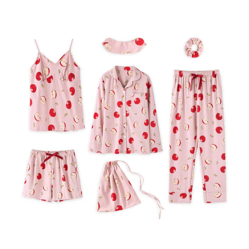 Женские пижамы из хлопка с принтом и длинными рукавами костюм семи предметов