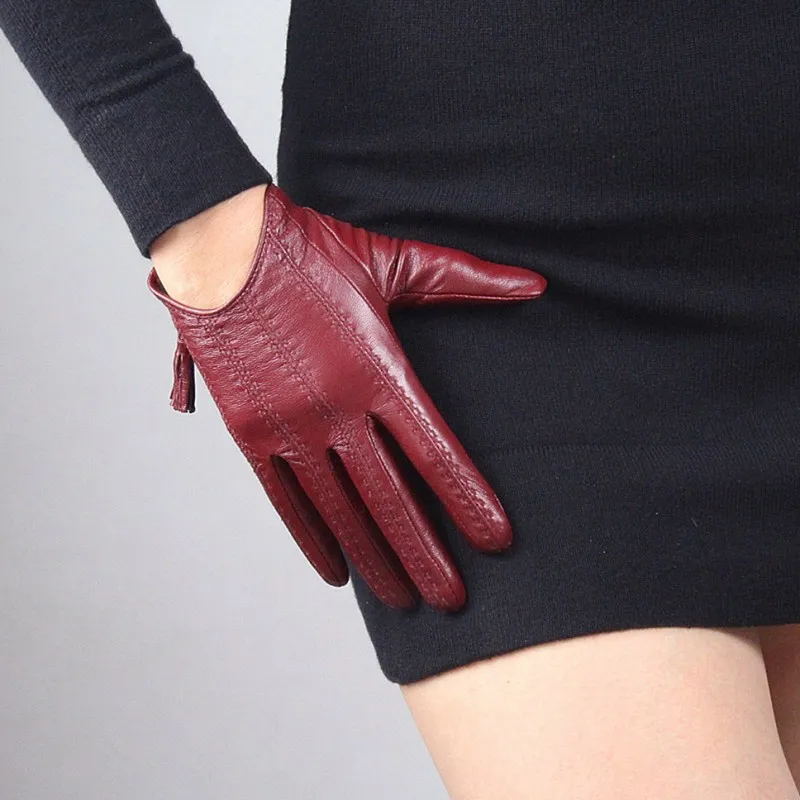 red Перчатки для сенсорного экрана женские из натуральной козьей кожи с кисточками на молнии Короткие стильные женские модные однотонные варежки для вождения - Цвет: red
