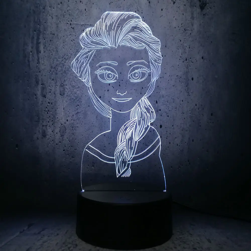 Фигурка 3D USB СВЕТОДИОДНЫЙ светильник Принцесса Эльза-Снежная королева многоцветная смена настроения визуальный RGB настольный ночник подарок длинные волосы красота девушка