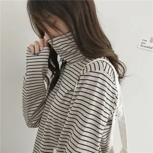 Женская хлопковая водолазка в полоску, Базовая рубашка контрастных цветов с высоким воротником и длинным рукавом, толстая рубашка с слоями