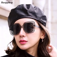 harppihop genuine leather european america style female hat lambskin hat beret hat jazz hip hop artist female sheepskin hat