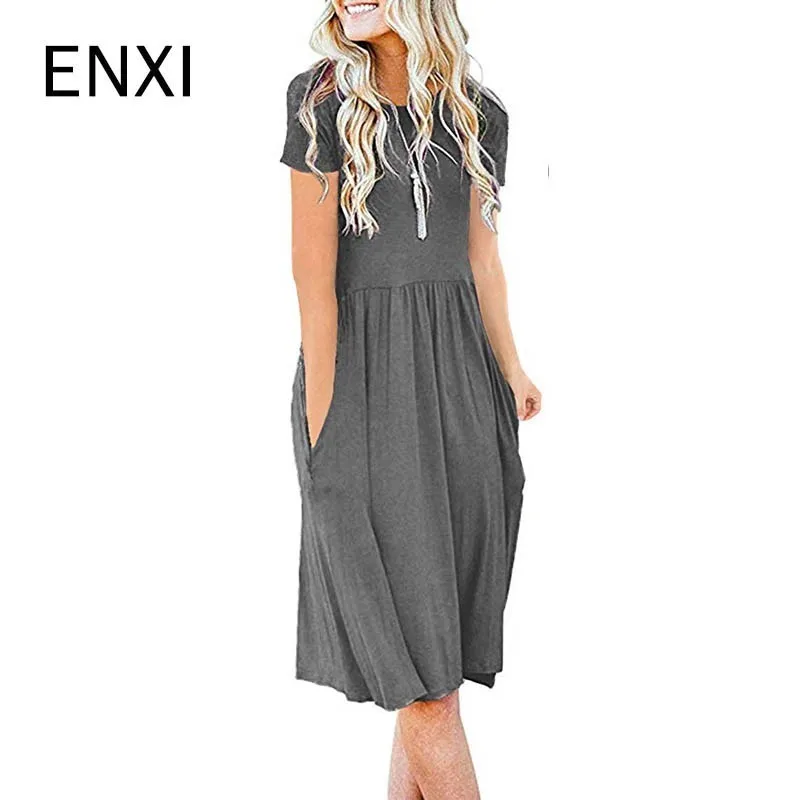 ENXI 2019 Summer 10 Colours Maternity Dresses Women's Short Sleeve Pocket High Waist Fold Leisure Time Horn Dress | Мать и ребенок