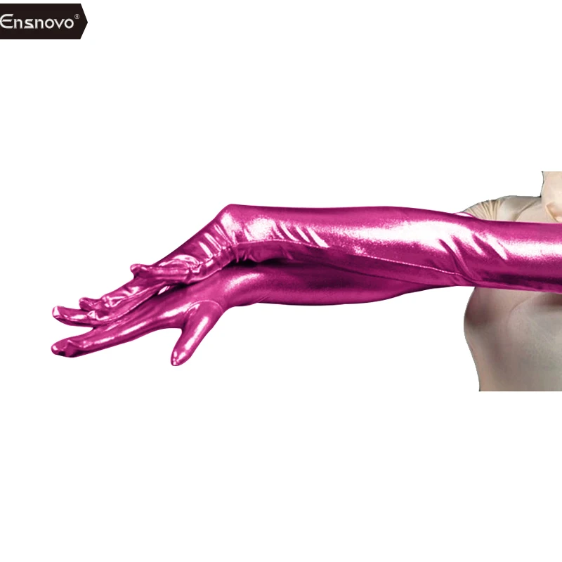 fuchsia Ensnovo женский спандекс полиэстер черный блестящий металлик 2" с длинным рукавом Косплей костюмы мокрого вида Опера Длина Вечерние перчатки - Цвет: fuchsia