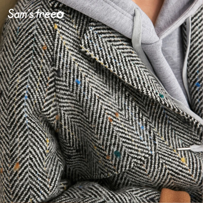 Samstree 27.9% шерстяное пальто черное белое Полосатое зимнее женское Удлиненное пальто двубортное Свободное пальто с отложным воротником