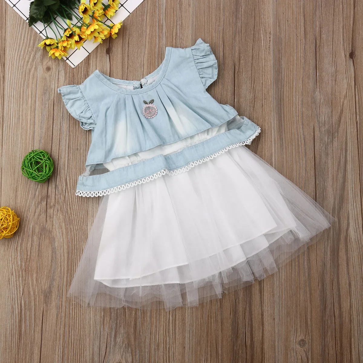Toddler Baby Girls Princess Dress Lace Tulle Tutu Denim Ruffle Sleeve Summer Party Dresses Infant Girl Sundress Clothes | Детская одежда