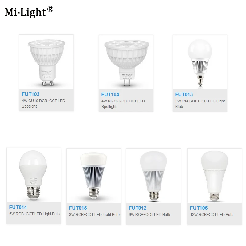 Miboxer FUT103 FUT104 FUT013 FUT014 FUT015 FUT012 FUT105 4W 5W 6W 8W 9W 12W E14 GU10 MR16 E27 цветная (RGB) Регулировка