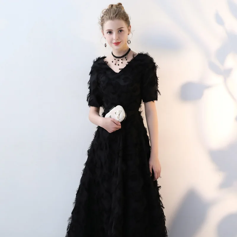 

Simple Black V-neck Floral Vestidos De Festa Pleats A-line Formal Long Evening Dresses Little Black Dresses Prom Party Gowns