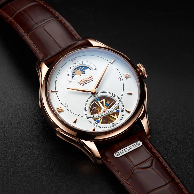 Автоматические Мужские часы люксовый бренд Moon Phase Водонепроницаемые турбийон кожаный ремешок часы jam Tangan Pria Orologio