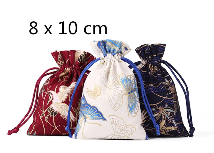 

8x10cm Cute Crane Linen Small Drawstring Pouches Chinese style Mini Gift Bags For Jewelry Packaging Wedding Party Favor