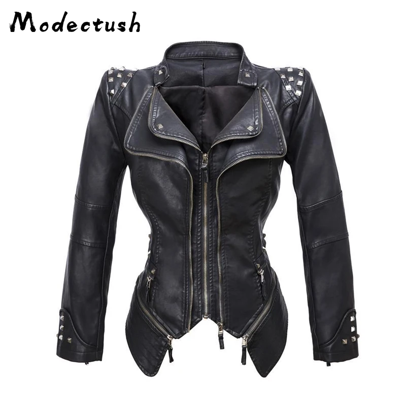 Женская мотоциклетная куртка из искусственной кожи Modecrush черная с заклепками в