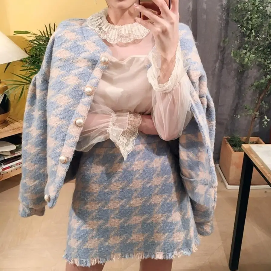 Комплекты с юбкой зимние женские шерстяные твидовые куртки + костюм короткой