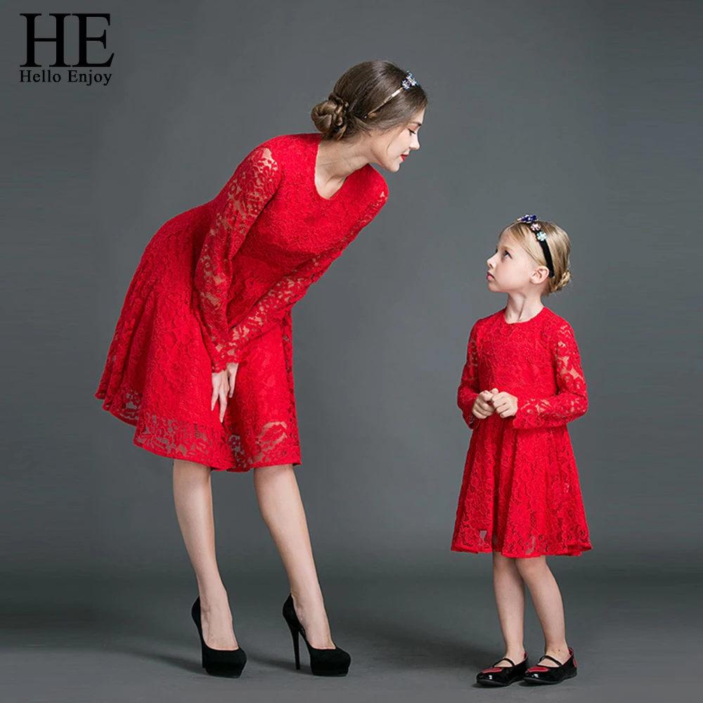 

HE Hello Enjoy Mother Daughter Dresses Fall 2019 Family Matching Outfits Long sleeves Red Lace Dress Woman Clothes Look Girls