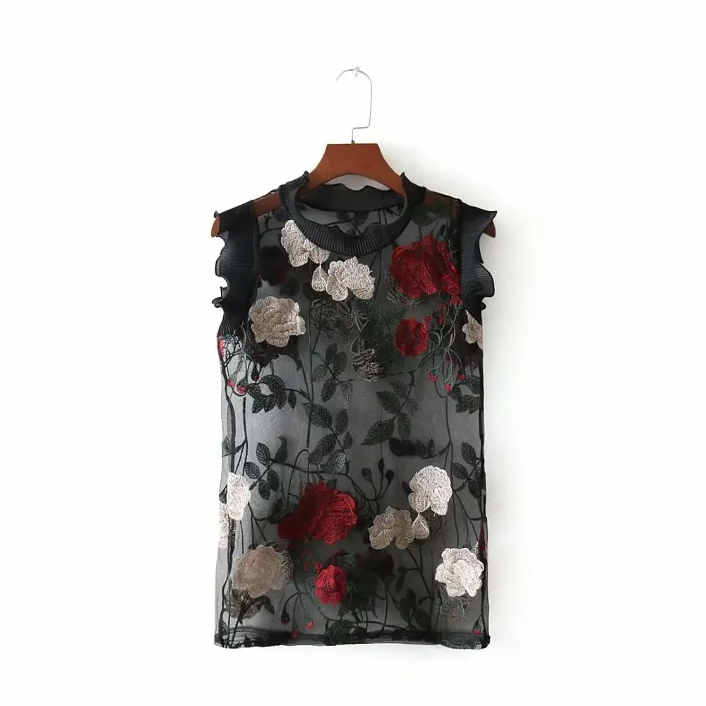 Цветочная вышивка Черная кружевная рубашка женская сексуальная без рукавов