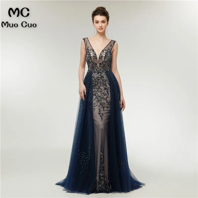 

Luxuries 2018 Navy Blue Prom Dresses Long with Beaded vestido de festa Deep V-Neck Beaded Formal Evening Party Dress