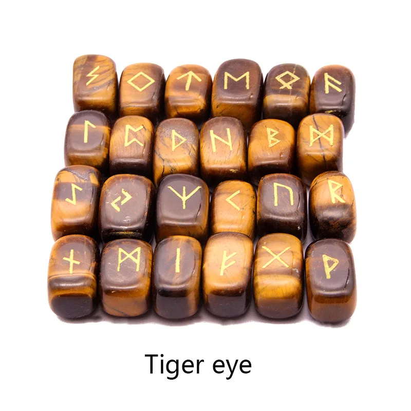 Tiger eye 25 шт. натуральный камень, с резьбой руны викингов амулет набор рейки руник алфавитов Исцеление Кристаллы кварц гадание камни ювелирные изделия - Окраска металла: Tiger eye