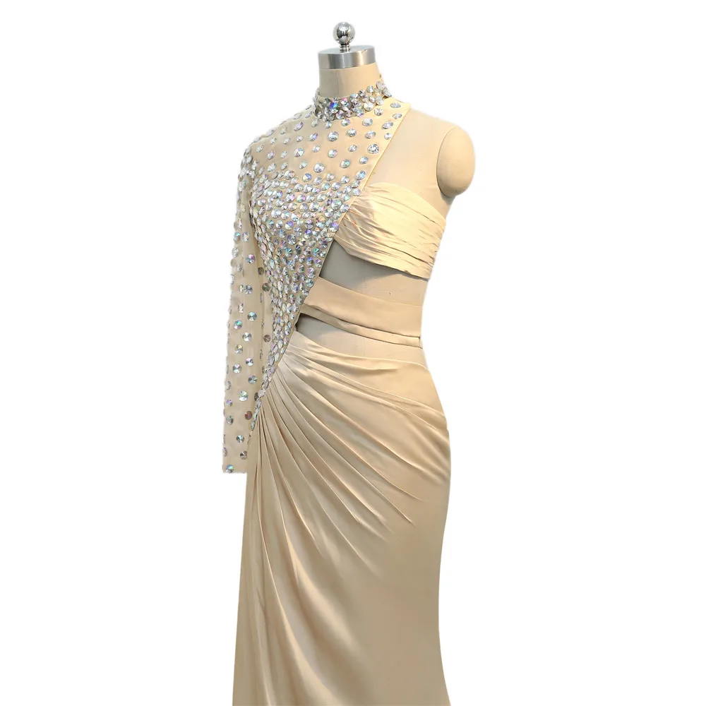 

Champagne Formal Celebrity Dresses Mermaid One-shoulder Chiffon Crystals Sexy Long Evening Dresses Red Carpet Dresses