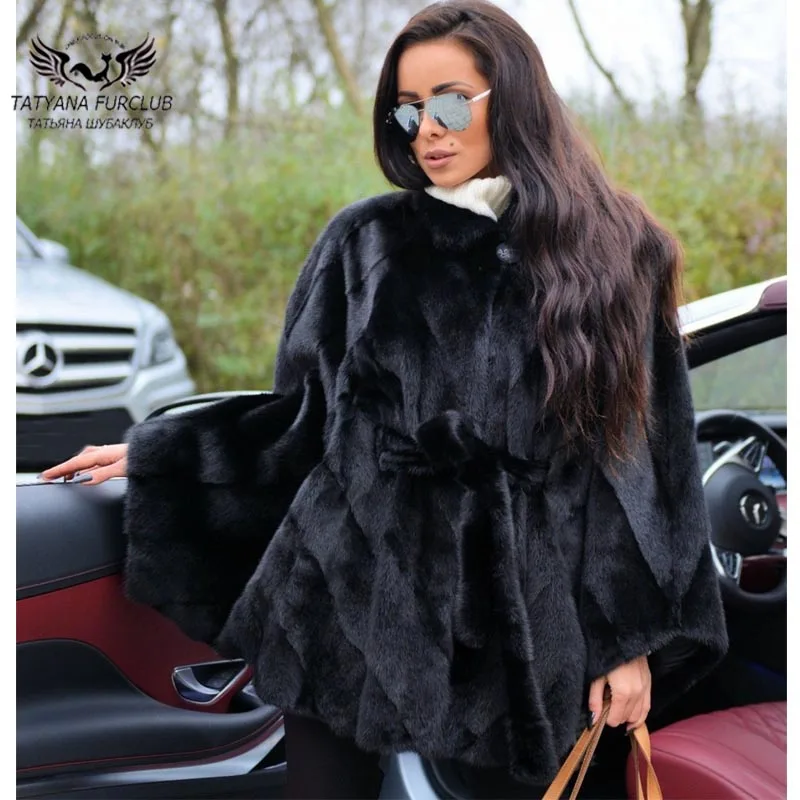 Женская шуба из натурального меха норки с поясом и рукавом летучая мышь Длинная