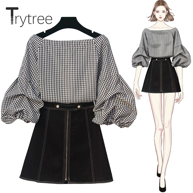 Trytree Spring summer Women two piece set Casual Plaid Slash Neck Tops + Skirt Denim Mini skirt Female Suit Set 2 Piece | Женская одежда