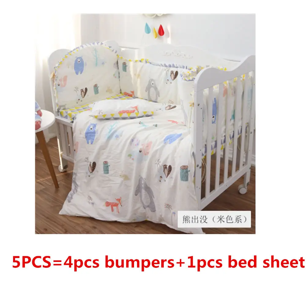 beige bear 5 pcs Младенческой детские постельные принадлежности для кроватки комплект для девочек для маленьких мальчиков Постельное белье мягкая хлопковая для новорожденных Детская кроватка постельное белье-Бампер Лист 5 шт./компл. 120*60 - Цвет: beige bear 5 pcs