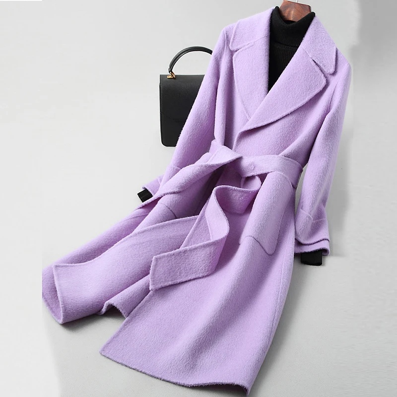 

2019 Spring Autumn Real Wool Coat Female Fashion Casual Long Women Coat Belt Overcoat Feminine Coat A041