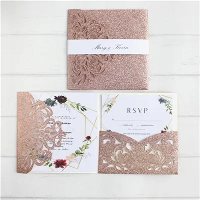 deep rose gold Роскошный Золотой набор свадебных приглашений с RSVP конвертом для живота с тремя сложными карманами приглашает Свадебные украшения - Цвет: deep rose gold
