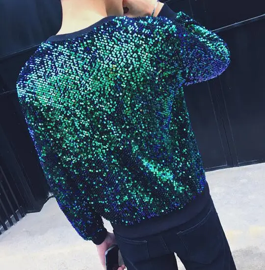 Модная тонкая сексуальная рубашка с длинным рукавом мужская Свободная блестками