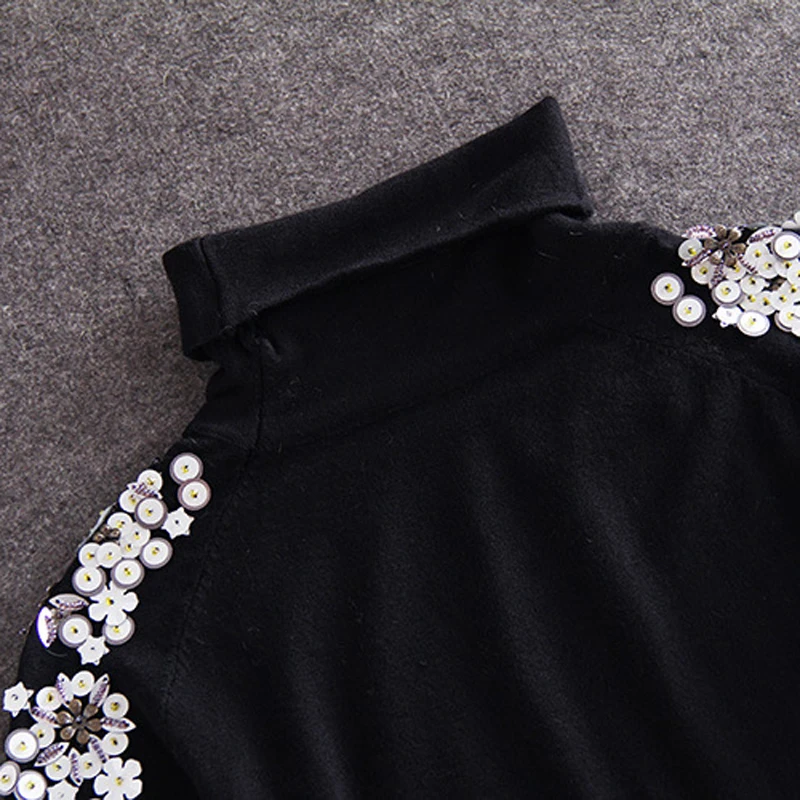 Women Sweaters And Pullovers Fashion 2020 Winter Turtleneck Black Basic Thin Flower Beads Long Sleeve Slim Body Knitted Sweater | Женская