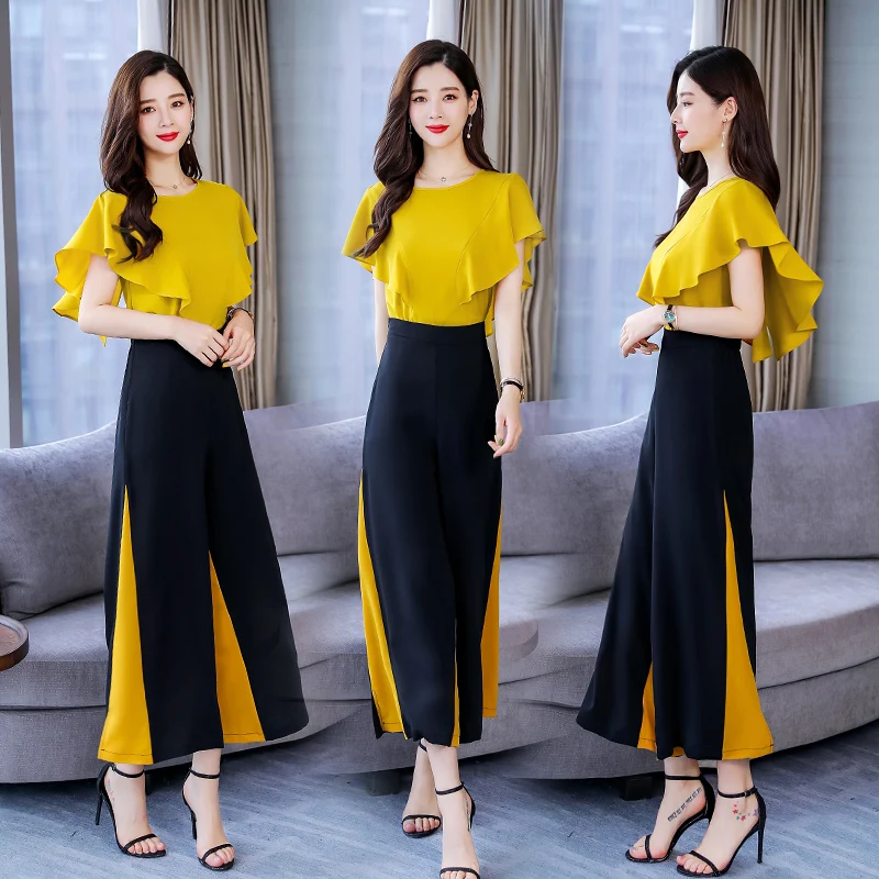 Vogue Design OL Two Piece Suit Set Women patchwork Short sleeve Blouse High-Waist Wide-leg Pants Outfits H300 | Женская одежда