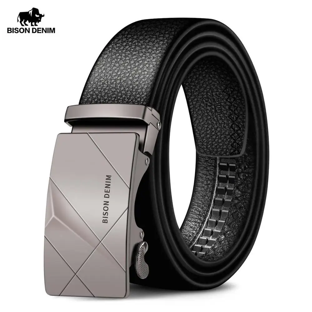 Серый Мужской ремень BISON DENIM из натуральной коровьей кожи, мужской ремень из коровьей кожи, автоматические ремни с пряжкой для мужчин, ремни с пряжкой из сплава N71477 - Цвет: Серый
