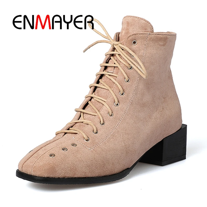 

Женские ботильоны на шнуровке ENMAYE, черные ботинки из натуральной кожи на квадратном каблуке, Осень-зима 2020, ZYL085