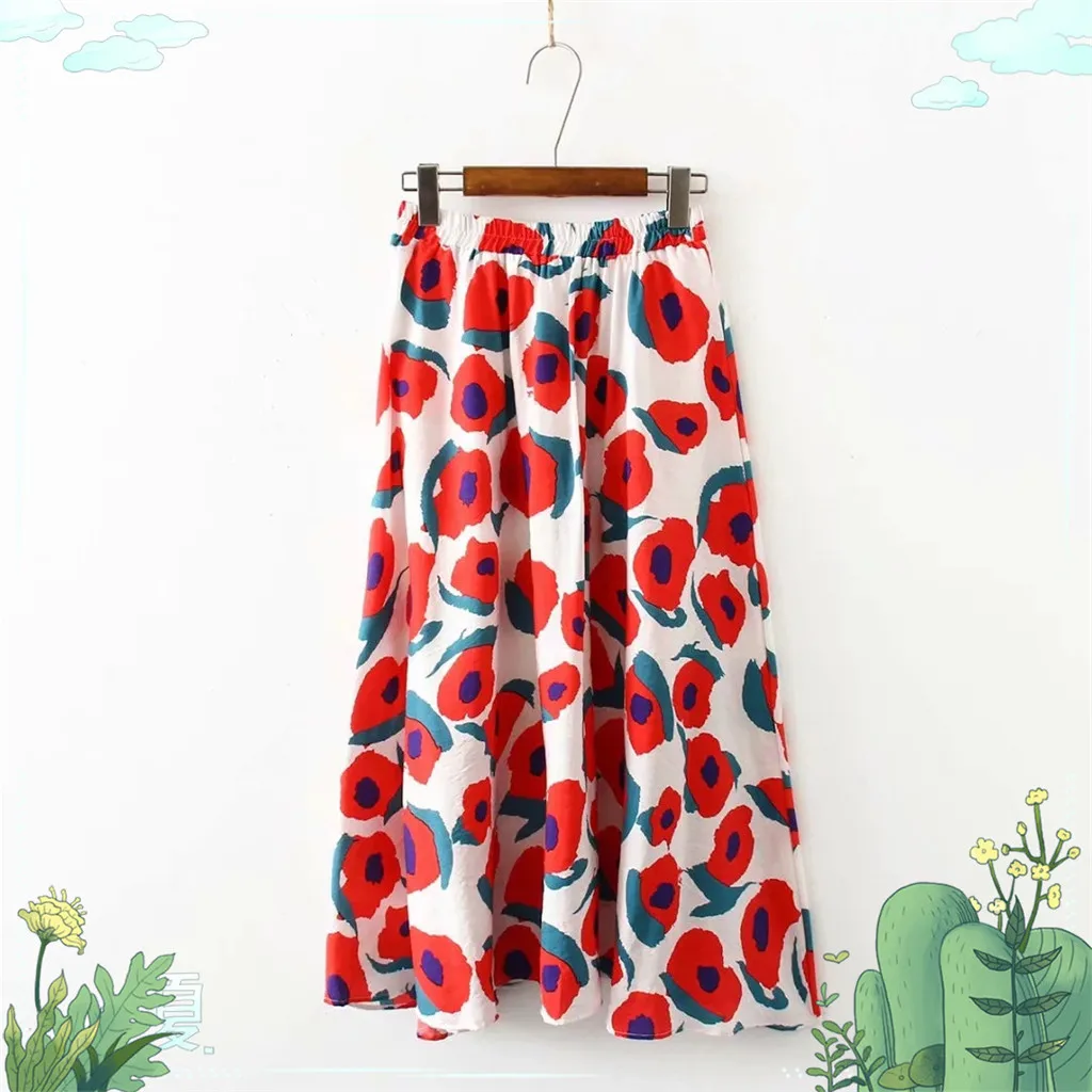 Womail Skirts New Fashion High Waist Skirt Print Summer Long Skirts Elastic Waist A Line Long Skirts For Women BohemianJ611