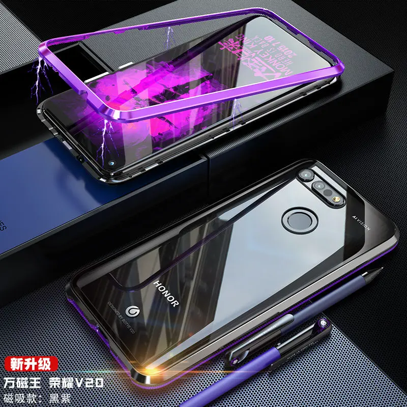 Полная защита Магнитный флип-чехол для huawei Honor View 20 металлическая рамка+ прозрачная закаленная стеклянная задняя крышка с лосем wapiti - Цвет: Black purple
