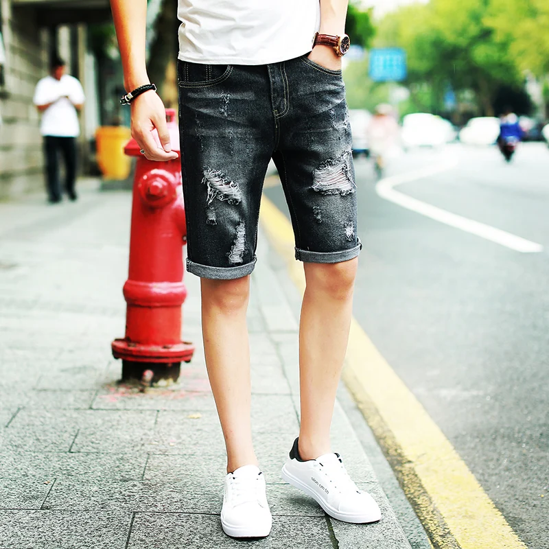 

2018 summer ripped hot shorts men jeans new men's denim shorts gray