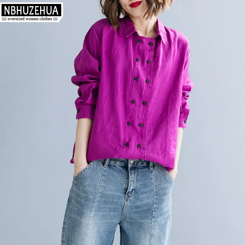 Женская простая офисная блузка NBHUZEHUA белая из хлопка и льна с длинными рукавами