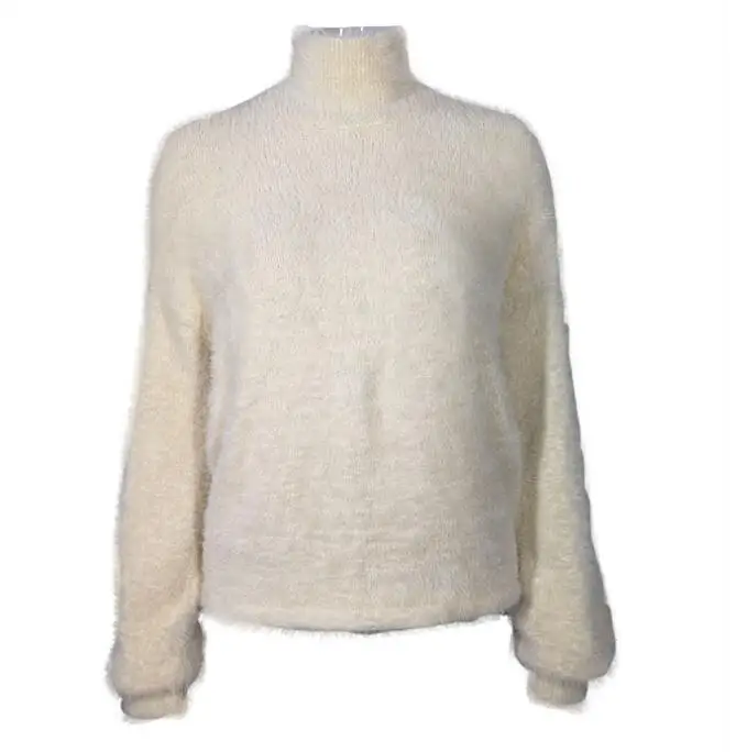 2019 Winter Women Turtleneck Fuzzy Sweaters Lantern Sleeves Beige Color Furry Crop Sweater Tops | Женская одежда