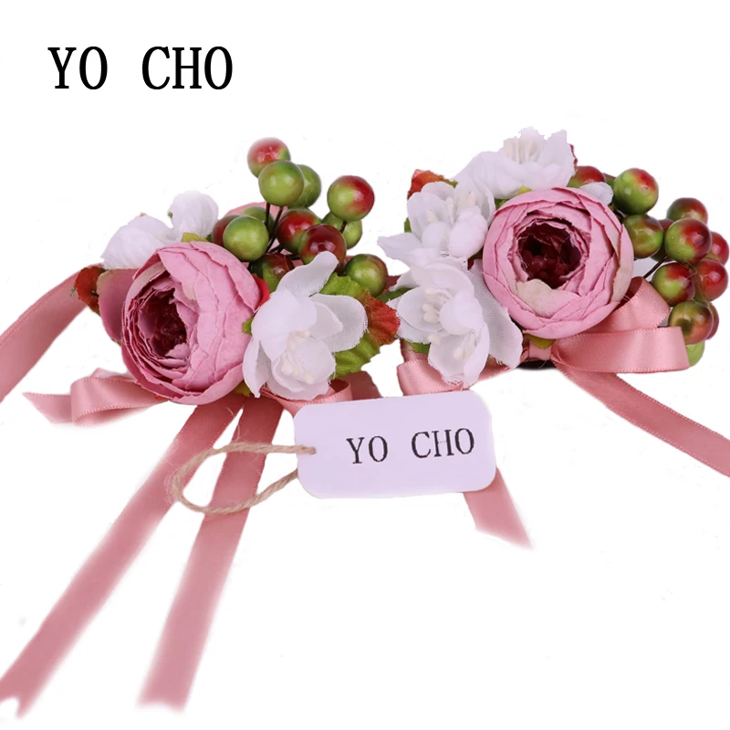 

YO CHO Artificial Leaf Berries Pink Rose Bridesmaid Sisters Hand Flowers Wedding Party Bridal Prom Silk Wrist Corsage Bracelet