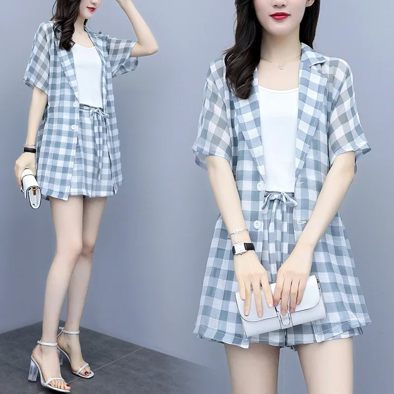 

Ladies suit plaid suit shorts suit female summer 2019 new Korean version of the foreign air chiffon was thin three sets of tide