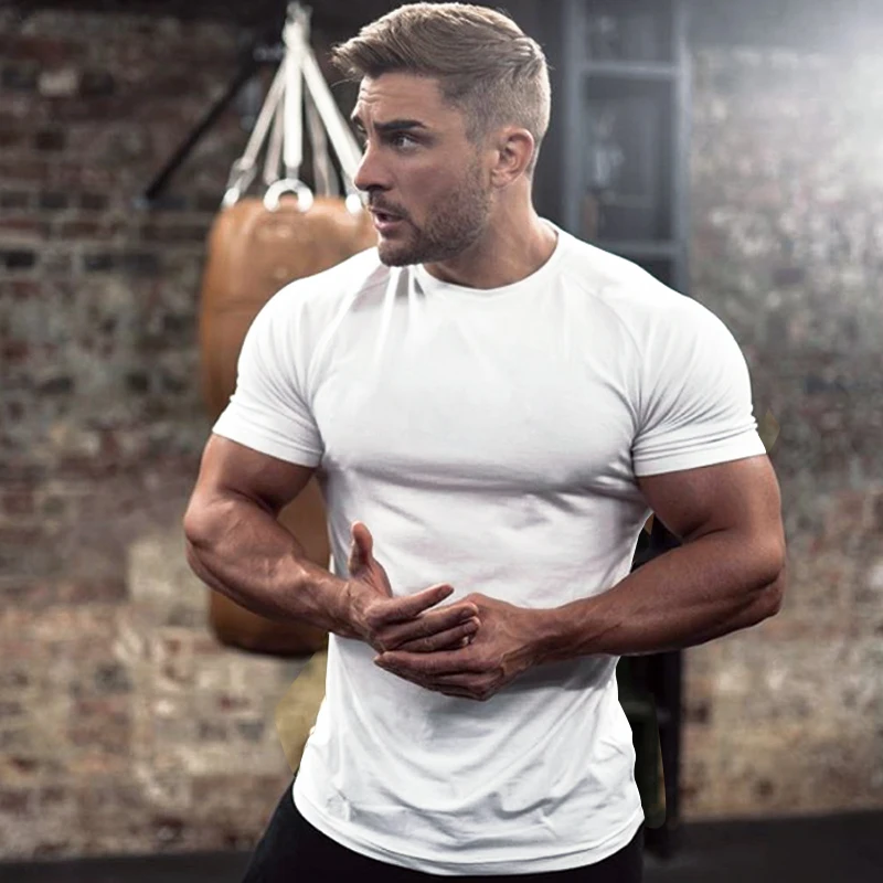 Mens Short sleeve Solid Cotton T-shirt Gyms Fitness Bodybuilding Workout t shirts Summer Casual Slim Tee Tops Crossfit apparel | Мужская