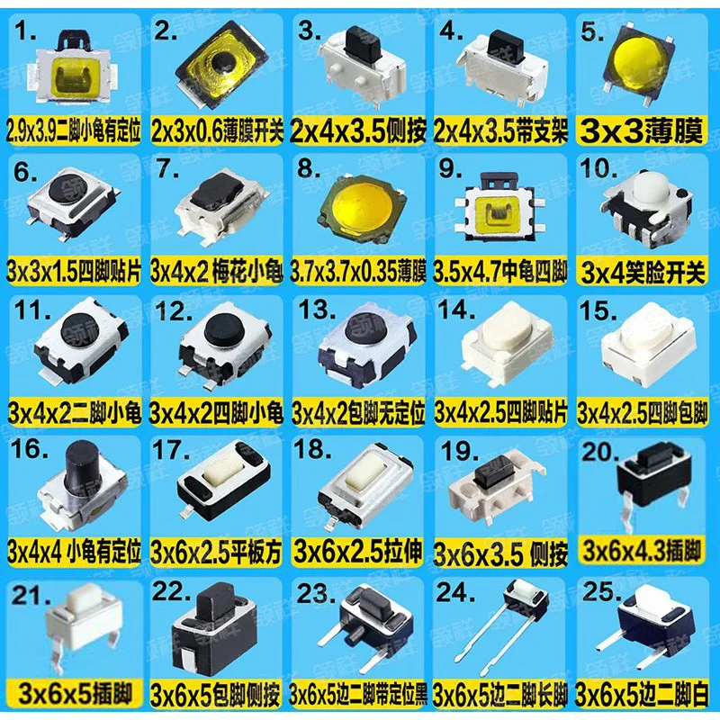 100valuesx5pcs=500pcs Tact Switch Kit 2*4 3*4 3*6 6*6 12*12mm Tactile Push Button 2x4 3x4 3x6 6x6 12x12 mm Micro | Обустройство дома